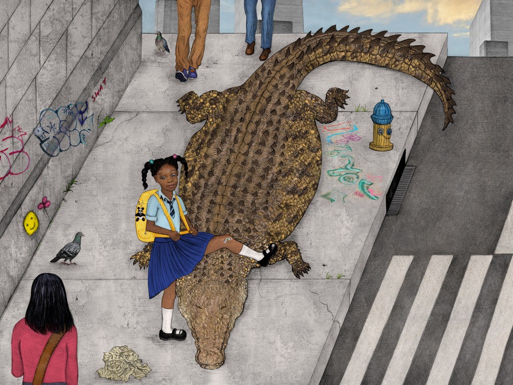 In the image, on a crowded city street, a young Black girl must step over a large sleeping alligator in order to get to school.
