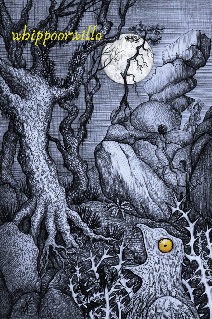 In a moonlit forest, two fugitives scramble up a rock outcropping, while above, a Native American urges them to hurry.